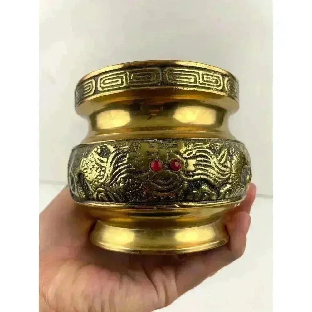 VTG Brass Chinese Dragon Bowl‎ Small Pot Incense Etched Design 3.25